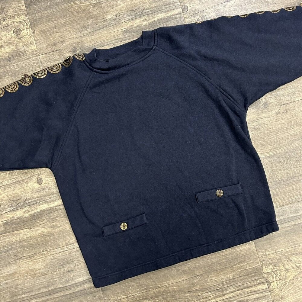 Vintage Gitano Women Size Medium Sweatshirt Crewneck Buttons Navy‎